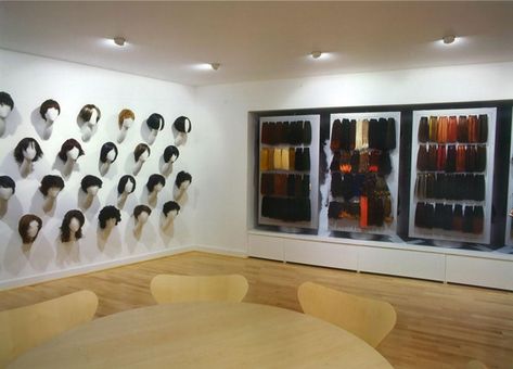 Feme Head Office Wig and hair extension display - Made In Place Hair Extensions Display, Hair Extension Display, Display Ideas Retail, Salon Retail Display, Extension Display, Mobile Hair Salon, Office Supplies Design, Wig Display, Beauty Room Salon