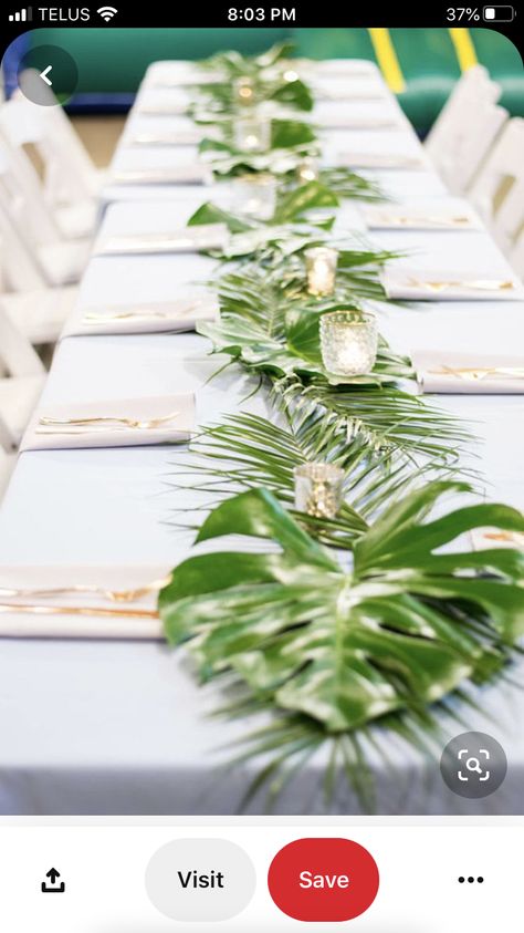 Hawaiian Themed Rehearsal Dinner, Tropical Rehearsal Dinner Decorations, Beach Wedding Yellow, Hike Wedding, Tropical Rehearsal Dinner, Marriage Renewal, Palm Leaves Table Runner, Havana Party, Tropical Wedding Reception