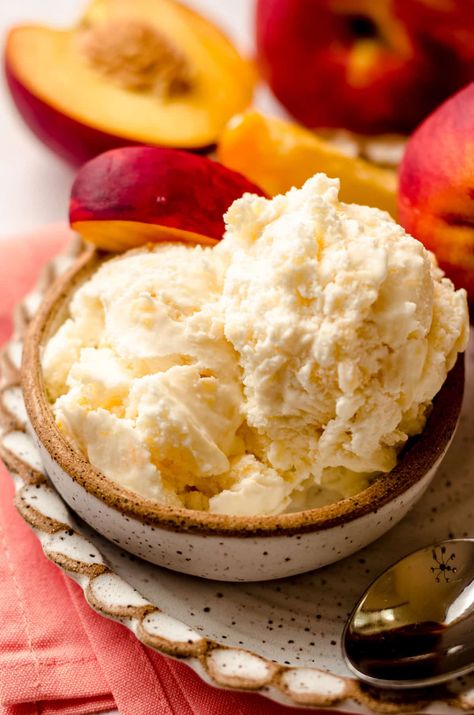 Learn how to make homemade peach ice cream using fresh peaches, a few basic ingredients, and your ice cream maker. Peach Ice Cream Homemade, Peach Ice Cream Recipe, Homemade Peach Ice Cream, Ice Cream Place, Gluten Free Ice Cream, Peach Ice Cream, Peach Syrup, Ice Cream Base, Homemade Ice Cream Recipes