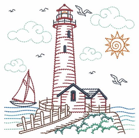 Redwork Patterns, Stitching Cards, Painting Templates, Nautical Art, Hand Applique, Sewing Embroidery Designs, Light House, Embroidery Library, Card Patterns