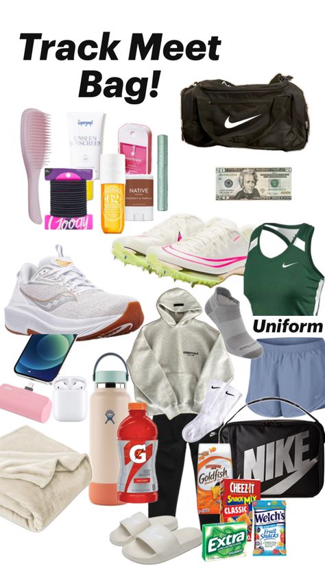 Everything that you need for a track meet. Depending on weather conditions you might bring other things. This is just the overall idea of what to bring. ❤️ Track Meet Essentials, Track Meet, School Bag, Weather Conditions, Back To School, Track