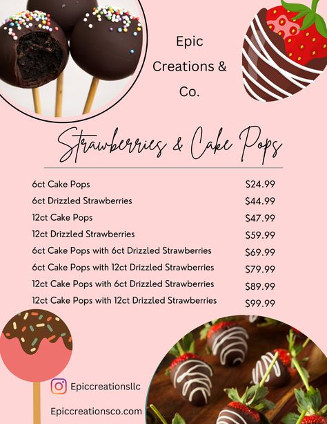 Great bundles, Email or Dm us for this special bundle epiccreationscompany@gmail.com IG: epiccreationsllc epicreationnsco.com Selling Cake Pops, Chocolate Covered Strawberries Prices, Cute Cake Pops Ideas, What To Make With Strawberries, Cake Pop Prices, Dessert Truck, Strawberries Cake, Strawberry Cake Pops, Donut Store