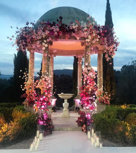 Flower covered Pagoda wedding venue. Outdoor wedding. Wedding flowers. Evening wedding ideas Kathy Now🐱🐱🐱 Flower Garden Wedding, Wedding Venue Outdoor, Garden Wedding Venues, Dreamy Flowers, Wedding Ceremony Ideas, Gazebo Wedding, Garden Weddings, Wedding Scene, Wedding Garden