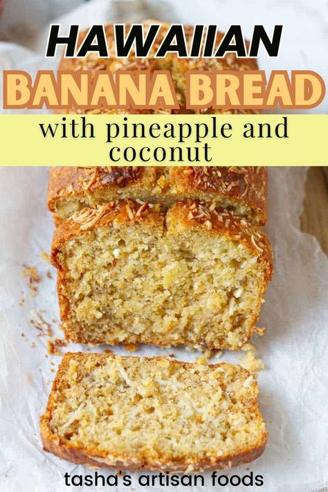 An image of the best hawaiian banana bread with pineapple and coconut Hawaiian Banana Bread With Coconut And Pineapple, Banana Pineapple Coconut Bread, Banana Pineapple Bread, Banana Bread With Pineapple, Hawaiian Banana Bread Recipe, Pineapple Coconut Bread, Mini Breads, Hawaiian Banana Bread, Super Moist Banana Bread