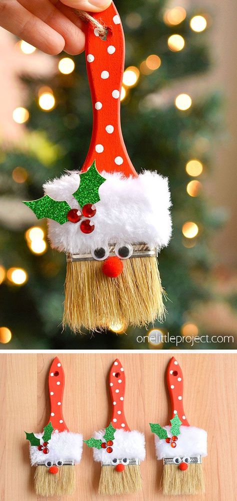 Decorate your Christmas tree with this adorable DIY paint brush Santa! These Santa Claus ornaments made from a paintbrush are really cute and super easy to make. It's such a fun Christmas craft for kids and a great holiday craft for tweens, teens, adults, and seniors. Craft Christmas Gifts For Kids, Christmas Ornaments Diy Paint Brush, Christmas Paintbrush Crafts, Kids Christmas Tree Ornaments Diy, Ornaments For Outside Trees, Kid Christmas Crafts Ornaments, Paint Brush Santa Craft, Xmas Tree Ornaments Diy Craft Ideas, Christmas Ornaments Made By Kids