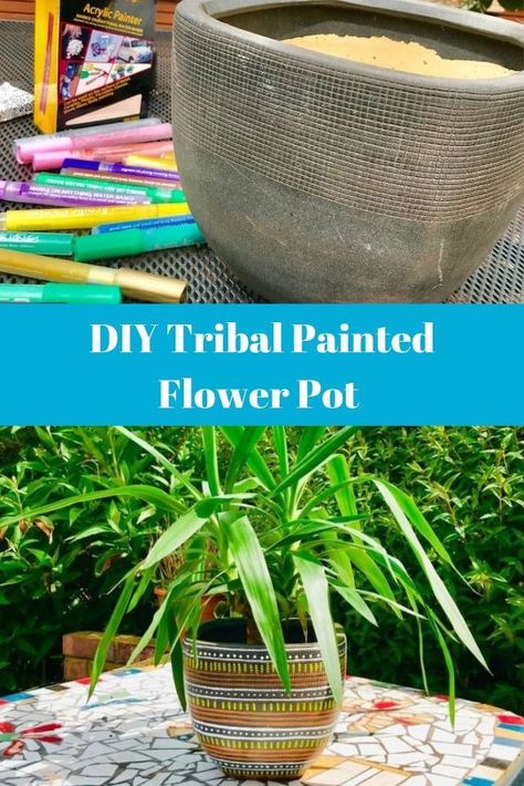 A simple diy project to create a lovely planter for your plants or flowers. Acrylic paint markers and a blank planter is all you need to get started! Give your plants some personality. #diy #tribal tribal planter | diy planter | decorate | diy | garden | space | flower pot | acrylic paint pens Painted Planter Pots, Glow Stick Ideas, Uses For Dryer Sheets, Painted Planter, Tin Planters, Acrylic Paint Markers, Chalk Paint Mason Jars, Homemade Air Freshener, Planter Diy