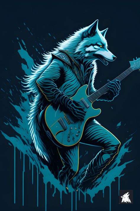 A dynamic design featuring a white wolf rocking out on a guitar with splashes of dark-cyan colors in a Tachisme art style. This masterpiece is perfect for animal lovers who appreciate abstract art. It's a great addition to any collection of unique and visually stunning pieces. Abstract Wolf, Tachisme, Cyan Colour, Dark Cyan, Wolf Love, Nature Music, Music Album Covers, Shirt Print Design, White Wolf