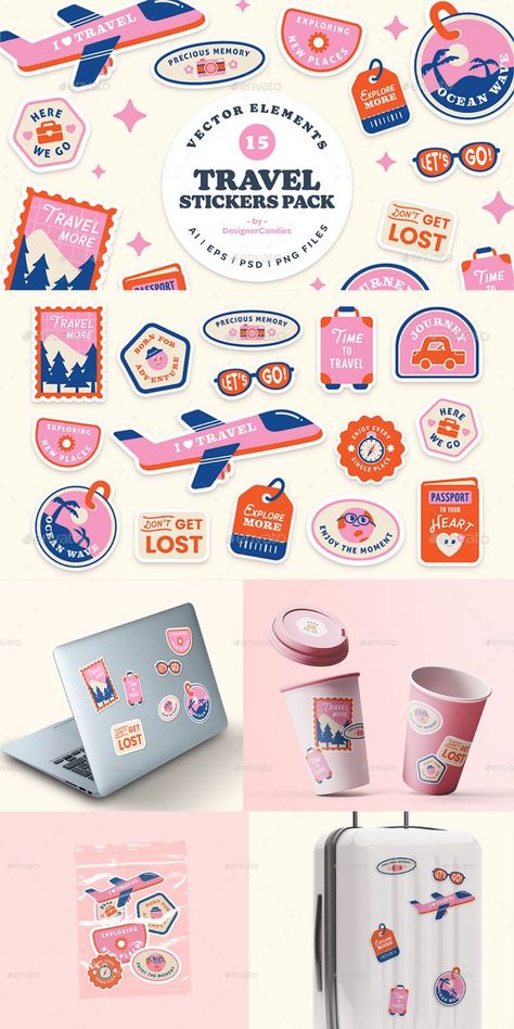 Cute Modern-Retro Travel Stickers Illustration.  90s, travel stickers aesthetic, stickers de viajes, plane sticker, adventure stickers, travel stickers printable retro, aeroplane, airplane, illustration, luggage, passport, psd, retro, sticker, stickers, suitcase, throwback, travel, vector #stickers #travel Illustration Product Design, Travel Merchandise Ideas, Travel Aesthetic Design, Merch Illustration Design, Cute Illustration Stickers, Sticker Product Design, Sticker Layout Design, Cool Sticker Design, Luggage Stickers Ideas