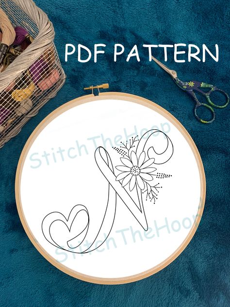 IMPORTANT NOTICE: you are purchasing a Digital PDF Pattern. You will NOT receive a physical item! This is embroidery pattern for floral letter "N" ideal size for 8" hoop and it is easily scalable at any size that you need. This is NOT a full pattern! It's just a TEMPLATE. The digital PDF file will be sent to you in Etsy shortly after your purchase, at which point you can print and transfer the design on to your fabric and embroider with the thread colors and stitches of your choice! (NO COLOR GU Name Embroidery Ideas Letters, Floral Embroidery Patterns Templates, Embroidery Flowers Pattern Templates, Hand Embroidery Patterns Free Printable, Monogram Embroidery Letters, Embroidery Patterns Free Templates, Alphabet N, Hand Embroidery Patterns Free, Cute Easy Doodles