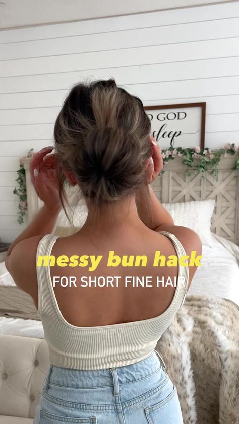 messy bun hack for all my short fine hair girlfriends 💙 have you tried this before? all you need is a scrunchie and a hair tie 🫶🏻 #shorthairstyle #messybun #finehairstyles #hairhacks #hairtrends | Eva Pautov Lazy Bun Hairstyles, Messy Bun Hack, Bun Hack, Messy Bun For Short Hair, Short Fine Hair, Cute Messy Buns, Short Hair Up, Short Hairstyles Fine, Lazy Hairstyles