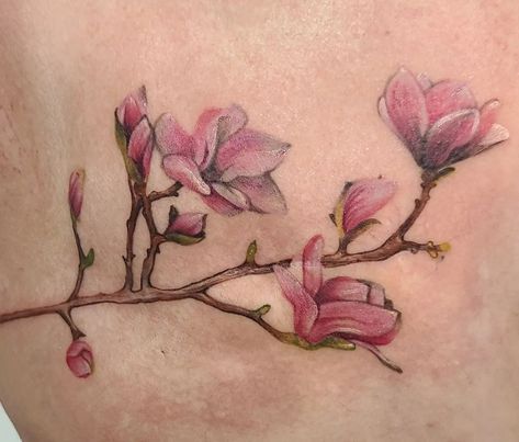 A scar coverup tattoo done by @kristylynneart, of a branch of magnolias, rich in pink colour realism. A beautifully soft looking tattoo with white highlights. Pink Magnolia Tattoo, Tattoo With White Highlights, Scar Coverup Tattoo, Magnolia Tattoo, Scar Cover Up, Coverup Tattoo, Mama Tried, Realism Tattoos, Pink Tattoo