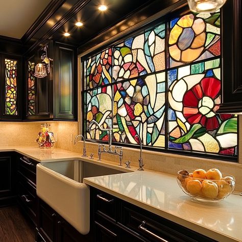 A stained glass kitchen is a vibrant and artistic space where functionality meets timeless beauty. The cabinets and windows are adorned with intricate stained glass panels that catch the light, casting colorful reflections throughout the room. Each piece of stained glass is carefully crafted, featuring patterns inspired by nature, geometric designs, or abstract art, creating a unique and personalized aesthetic. The interplay of light through the glass transforms the kitchen into a dynamic env... Stained Glass In Kitchen, Glass In Kitchen, Stained Glass Kitchen, Artistic Space, Stained Glass Panels, Glass Kitchen, Inspired By Nature, Geometric Designs, Glass Panels