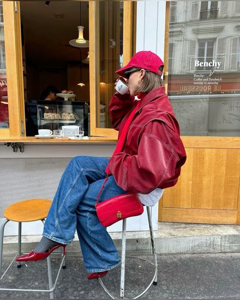 Red Cap Outfit, Red Purse Outfit, Red Heels Outfit, Red Leather Jacket Outfit, Red Jacket Outfit, Adidas Gazelle Outfit, Red Pants Outfit, Cap Outfit, Fall Trends Outfits