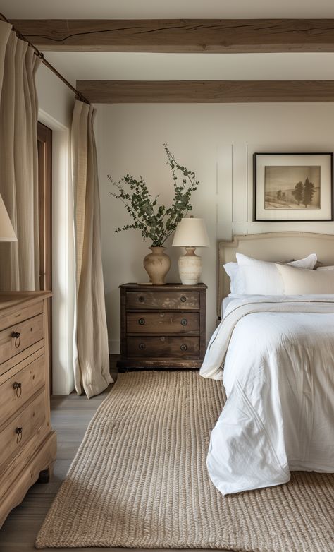 Antique dresser and bed in modern French country bedroom. This modern French country bedroom combines rustic charm with elegant simplicity. The focal point is a vintage-inspired iron bed frame, dressed in crisp white linens and adorned with soft, pastel throw pillows. The walls are a muted, neutral beige, providing a calm and cozy atmosphere. A distressed wooden nightstand holds a simple lamp and a few cherished books, adding a touch of rustic warmth. The floor is covered with a plush area rug Cotswold Cottage Interior Bedroom, Modern Cottage Decor Bedroom, European Farmhouse Master Bed, Rustic White Bedroom Ideas, Rug Ideas For Bedrooms, Nancy Myers Homes Aesthetic Bedroom, Rustic Neutral Bedroom, Bedroom Ideas White Bed Frame, French Country Coastal Decorating