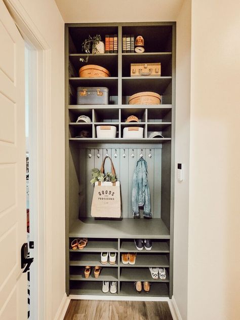 Diy Drop Zone, Small Entry Closet, Interior Garage Door, Entry Closet, Entryway Closet, Modern Farmhouse Diy, Hall Closet, Drop Zone, Small Closet