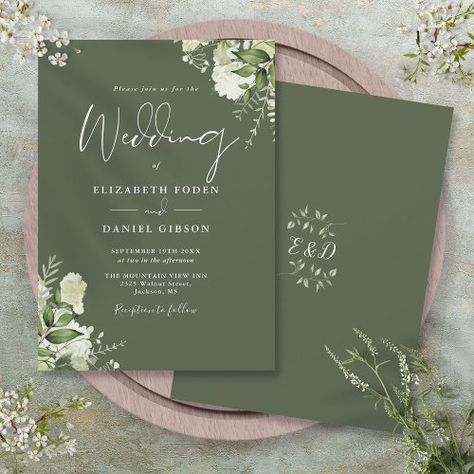 $1.98 | Olive Green Greenery Leaves Monogram Wedding #wedding, olive green, greenery leaves botanical wedding, watercolor floral foliage, monogram, spring summer fall wedding, elegant script, rustic eucalyptus, modern simple calligraphy, sage green Summer Fall Wedding, Olive Green Wedding, Popular Wedding Invitations, Olive Green Weddings, Leaf Monogram, Floral Wedding Invitation Suite, Floral Foliage, Country Garden Weddings, Wedding Watercolor