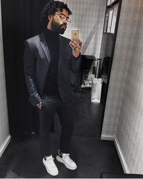 Black Suit With Sneakers, Alexander Mcqueen Sneakers Outfit Men, Alexander Mcqueen Sneakers Outfit, Suit With Sneakers, Alexander Mcqueen Outfit, Winter Bowl, Black Casual Shirt, Suits And Sneakers, Homecoming Suits