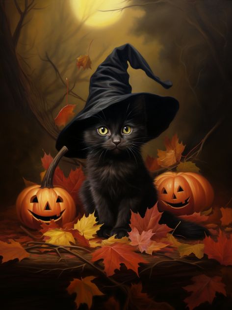 An oil painting of a black cat. Halloween setting. Gothic Art Prints, Spooky Halloween Pictures, Helloween Wallpaper, Happy Halloween Pictures, Black Cat Painting, Photo Halloween, Halloween Decor Diy, Image Halloween, Halloween Kunst