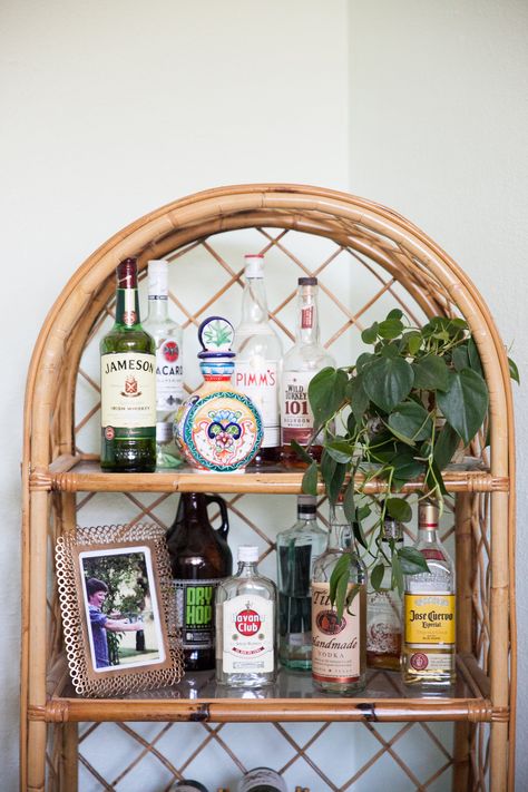 Cane Shelf, Rattan Shelf, Tropical Interiors, Liquor Shelf, Cottage Dining Rooms, Shelf Decor Living Room, Tyler Moore, Chicago Apartment, Bohemian Kitchen