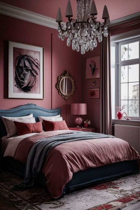 Dark Dusty Rose Bedroom Walls, Rose Colored Bedroom Ideas, Dusty Pink Accent Wall Bedroom, Dusty Rose Bedroom Decor, Deep Pink Room, Dark Pink Ceiling, Dark Pink Bedding, Mauve Walls Bedroom, Deep Pink Bedroom