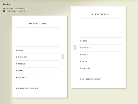 This is a printable personal information page. Write down your contact information on this page in case the planner is lost. Two versions are included. Version 1: Grid Version 2: Blank ★𝑭𝒆𝒂𝒕𝒖𝒓𝒆𝒔 This Item comes in PDF format. ( Printable ) All products are digital download only. There is No Physical Product will be sent. ★𝑺𝒊𝒛𝒆 : Pocket - 81 x 120mm - Before purchasing, please make sure that the paper size fits your binder. - All Planner designs have margins for hole punching. (12.7mm Personal Data Sheet, Planner Designs, Pocket Calendar, Planner Inserts Printable, Planner Design, Letter Paper, Planner Inserts, Page Template, Data Sheets