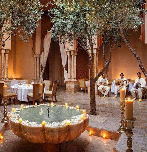 Set beneath a central skylight, Amanjena’s elegant restaurant combines Berber traditions with Moorish, Andalusian and middle-eastern… Honeymoon In Spain, Riad Design, Morocco Honeymoon, Riads In Marrakech, Morocco Hotel, Asia Photography, Moroccan Restaurant, Moroccan Riad, Riad Marrakech