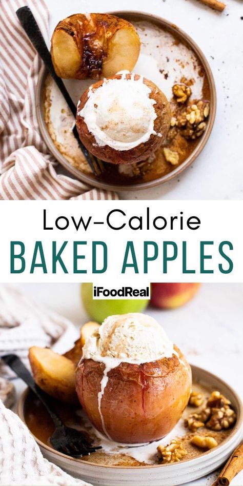 Cozy and warm healthy baked apples with vanilla ice cream. Healthy Easy Apple Desserts, Flourless Apple Desserts, Low Calorie Baked Apples Healthy, Low Cal Fall Desserts, Low Cal Thanksgiving Recipes, Low Calorie Fall Baking, Low Calorie Holiday Recipes, Low Calorie Fruit Desserts, Low Calorie Whole Food Recipes