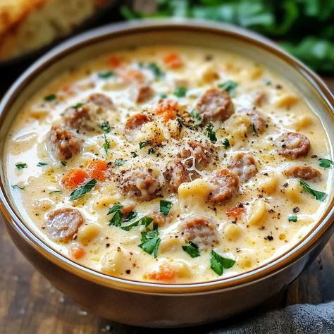 Make this rich and creamy Parmesan Italian sausage soup in just 35 minutes! Perfect for cozy nights and packed with flavor. Serves 6. Cheesy Sausage Potato Soup, Soup Cheeseburger, Sausage Potato Soup, Sausage Soup Recipes, Sausage Potato, Italian Sausage Soup, Cheeseburger Soup, Sausage Potatoes, Mild Italian Sausage