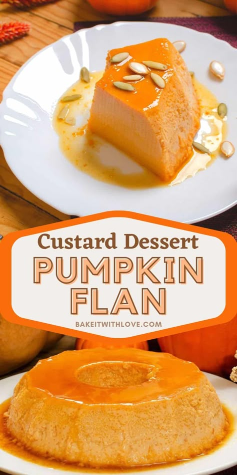 This pumpkin flan is rich, creamy, silky, and loaded with all of your favorite warm and cozy autumn flavors! It is a wonderful seasonal twist on this classic custard dessert. Coated in a decadent homemade caramel sauce, what more could you want? BakeItWithLove.com #bakeitwithlove #pumpkin #flan #custard #dessert #fall Pumpkin Flan, Dessert Fall, Cooking Desserts, Mexican Desserts, Pumpkin Custard, Custard Desserts, Flan Recipe, Homemade Caramel Sauce, Worship Team