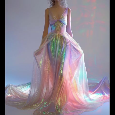 Opalescent Wedding Dress, Holographic Wedding Dress, Opalescent Dress, Iridescent Veil, Iridescent Wedding Dress, Iridescent Outfit, Iris Aesthetic, Rainbow Gown, Magic Outfits