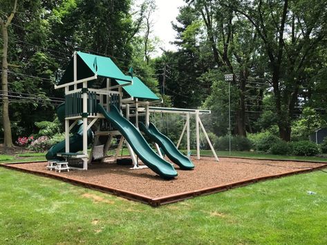 Playset Landscaping, Playground Backyard Diy, Playground Mulch, Wood Playground, Backyard Fort, Swing Set Diy, Playground Surface, Covered Backyard, Play Area Backyard