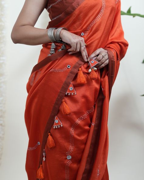 Introducing our new Bindu Saree! ✨ Crafted from handwoven Chanderi silk in a rich burnt orange hue, this stunning piece features darker borders for a striking contrast. Adorned with intricate silver kantha embroidery and delicate mirror detailing, it’s the perfect blend of bold elegance and refined craftsmanship. 🌸💫 #BinduSaree #SaveAsStyle #ChanderiSilk #KanthaEmbroidery #BoldElegance #SustainableFashion #NewArrivals Kantha Embroidery, A Line Kurta, Burnt Orange, Sustainable Fashion, Borders, Hand Weaving, Saree, Embroidery, Silk