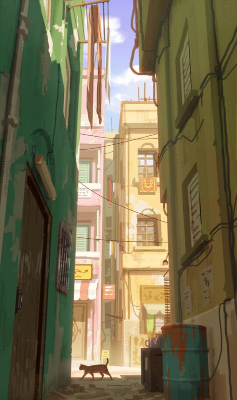 ArtStation - Cat Alley Way, Environment Painting, Bg Design, Scenery Background, City Background, Naha, Landscape Illustration, Environment Design, Environment Concept Art