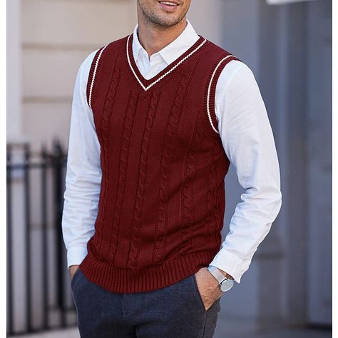 Men's Sweater Vest Pullover Sweater Jumper Cable Knit Layered Glitter Solid Color V Neck Ethnic Style Vintage Style Daily Drop Shoulder Winter Fall Black Blue S M L 2023 - SAR 88 Men's Sweater Vest, Mens Pullover Sweater, Mens Turtleneck, Sweater Vest Mens, Mens Cardigan Sweater, Graduation Outfits, Cardigan Sweater Vest, Men's Sweater, Sweater Jumper