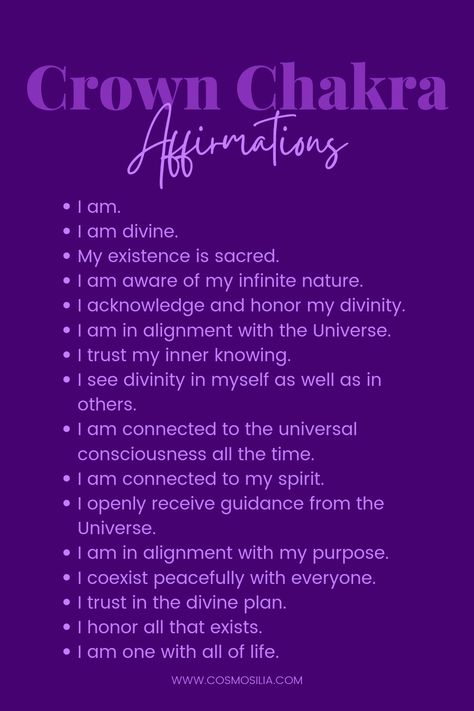 Crown Chakra Affirmations Chakra Healing Affirmations, Chakra Chart, The Crown Chakra, Chakra Healing Meditation, Chakra Health, Chakra Affirmations, Healing Affirmations, Energy Healing Spirituality, Chakra Yoga