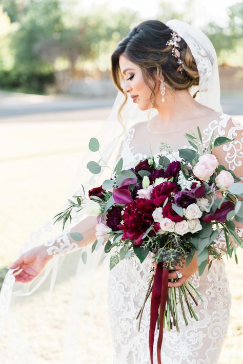 Blush and Crimson Arizona Wedding with Pops of Navy Blue Navy Blue Wine And Blush Wedding, Burgundy And Pink Wedding Arch Blue Pops, Navy Blue Maroon Blush Pink Wedding, Maroon And Blue Bouquet, Burgundy Blush Navy Bouquet, Wedding Flower Guide, Purple Bridal Bouquet, Purple Wedding Bouquets, Bridal Bouquet Fall