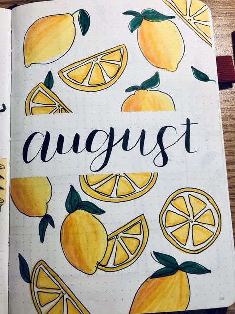 Lemon Bullet Journal, August Bullet Journal, Bullet Journal August, Diy Kalender, Crayola Supertips, Bullet Journal Month, Kalender Design, Micron Pens, August Summer