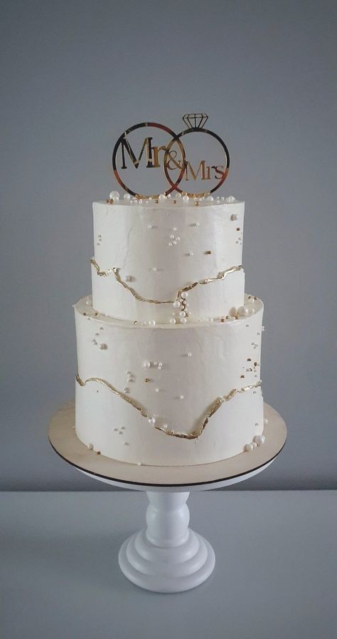 Wedding Cakes Black And White Classy, Two Layer Wedding Cakes, Simple 2 Tier Cake, 2 Tier Engagement Cake, Engagement Theme Cake, Engagement Cake Designs, Pearl Wedding Cake, Wedding Cake Designs Simple, Wedding Cake Simple Elegant