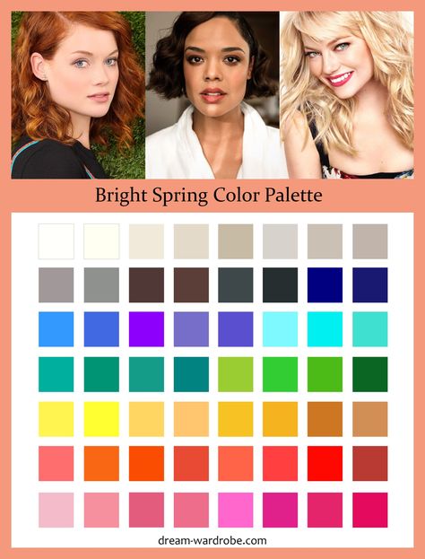 Bright Spring Color Palette and Wardrobe Guide – Dream Wardrobe Bright Spring Outfit Ideas, Bright Spring Outfits, Bright Spring Color Palette, Bright Spring Clothes, Clear Spring Palette, True Spring Color Palette, True Spring Colors, Concept Wardrobe, Winter Palette