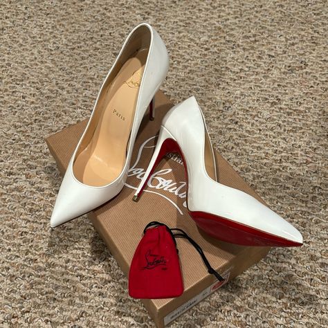 Never Worn, But Had The Heel Shortened About Half An Inch, Protective Film Adhered. Lou Button Heels, White Louis Vuitton Heels, White Loubitons Heels, Wedding Shoes Red Bottoms, Wedding Heels Red Bottoms, Christian Louboutin White Heels, Red Bottom Wedding Heels, White Christian Louboutin Heels, White Red Bottom Heels