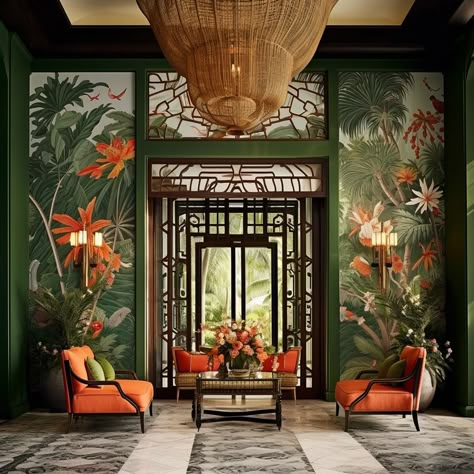 Jungle Style Interior, Caribbean Interior Design, Hotel Artwork, Atrium Design, Tropical Interior Design, British Colonial Decor, High Ceiling Living Room, Tropical Interior, Desain Pantry