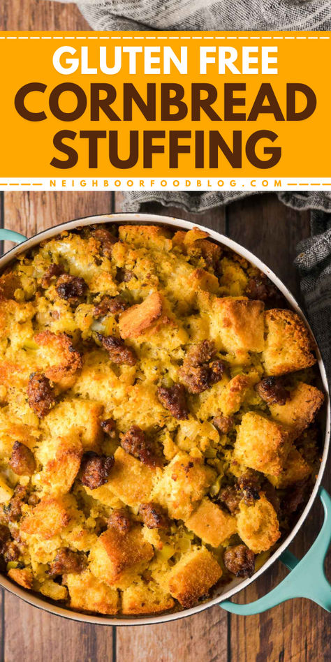 Elevate your easy Thanksgiving side dish recipe feasts with our gluten-free cornbread recipe! This sweet and juicy cornbread is perfect for creating a delicious gluten-free stuffing. An easy addition to your Thanksgiving side dishes to impress your guests! Gluten Free Stuffing Thanksgiving Cornbread Dressing, Cornbread Stuffing Recipes Easy, Gluten Free Cornbread Stuffing, Cornbread Stuffing With Sausage, Gluten Free Stuffing Thanksgiving, Gluten Free Cornbread Dressing, Corn Bread Stuffing, Stuffing With Sausage, Gluten Free Stuffing Recipes