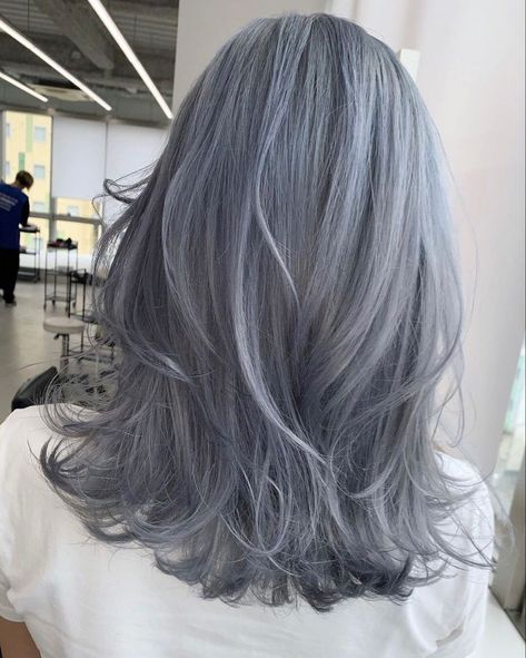 Bluish Gray Hair Color, Blueish Gray Hair Color, Bluish Gray Hair, Greyish Blue Hair, Ash Blue Hair Color, Grey Hair Aesthetic, Steel Blue Hair, Ashy Blue Hair, Blue Gray Hair