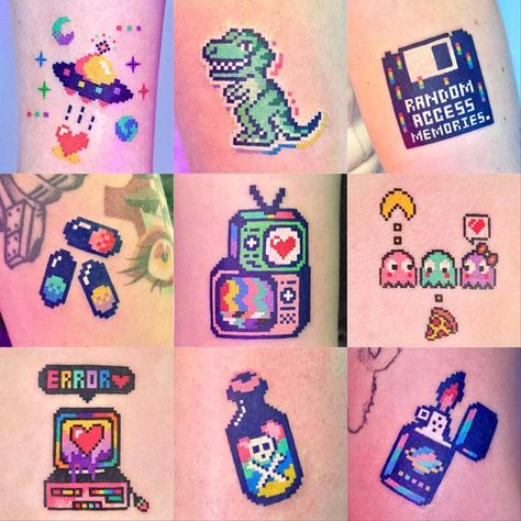 Pixel Tattoo 8 Bit, 80s Aesthetic Tattoo, Simple Video Game Tattoos, Nostalgia Tattoo Ideas, Pixelated Tattoo, Pixel Art Tattoo, Vaporwave Tattoo, Super Mario Tattoo, Streaming Tips