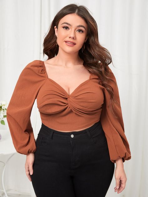 Brown Elegant  Long Sleeve Polyester Plain Top Embellished Non-Stretch Spring/Fall Plus Size Tops Xl Size Fashion For Women, Tops For Chubby Women, Fashion Inspo Outfits Plus Size, Tops For Big Busted Women, Chuppy Girl, Tops For Plus Size Women, Camel Outfit, Bishop Sleeve Blouse, Classy Short Dresses