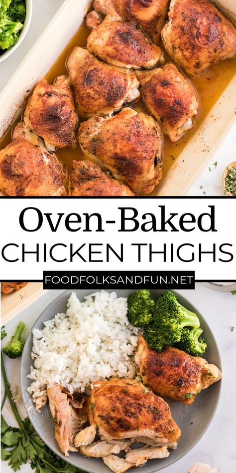 This Oven Baked Chicken Thighs recipe is ready to eat in just 35 minutes. When chicken thighs are roasted in the oven, they are so juicy with deliciously crispy skin. via @foodfolksandfun Baked Bone In Chicken, Chicken Thighs In Oven, Chicken Thights Recipes, Chicken Main Dish Recipes, Easy Oven Baked Chicken, Oven Baked Chicken Thighs, Chicken Thighs Recipe, Tender Meat, Thighs Recipe