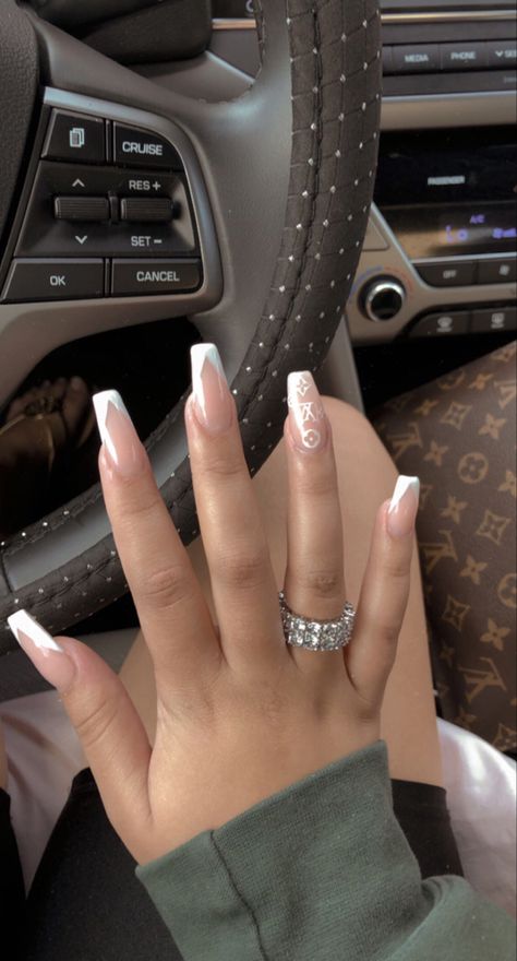 French Coffin Nails, Nails Coffin Long, Louis Vuitton Print, Nails Long Acrylic, French Coffin, Louis Vuitton Nails, December Nails, White Acrylic Nails, Long Acrylic Nails Coffin