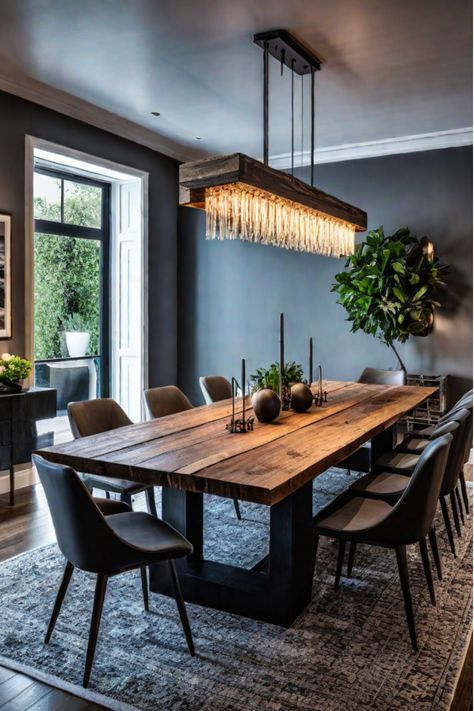 Dining room with exposed brick and metal chandelier Mountain Modern Dining Table, Modern Cabin Dining Room, Industrial Room Decor, Blackwood Furniture, Dining Room Design Contemporary, Dining Area Design Ideas, Large Dining Room Ideas, Rustic Modern Dining Room, Dining Area Interior Design