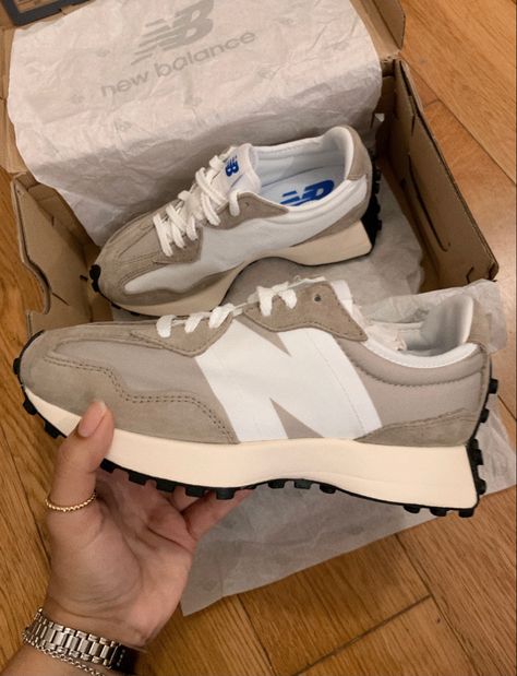 Women’s trainers, new balance shoes, cream New Balance Tan Shoes, New Balance 327 Neutral, New Balance Beige Sneakers, New Balance Cream Black, New Balance Tan, Neutral Sneakers, Shoes Wishlist, Corset Styles, Basic Shoes