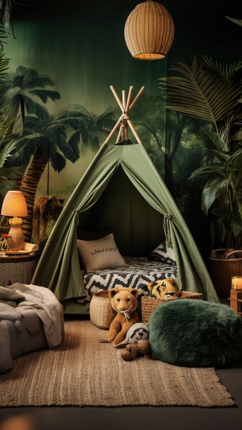 Kids Room Idea Jungle Theme Boys Room, Boys Safari Bedroom, Jungle Bedroom Kids, Safari Bedroom Kids, Jungle Theme Kids Room, Jungle Baby Room, Jungle Bedroom Theme, Jungle Theme Rooms, Kids Jungle Room